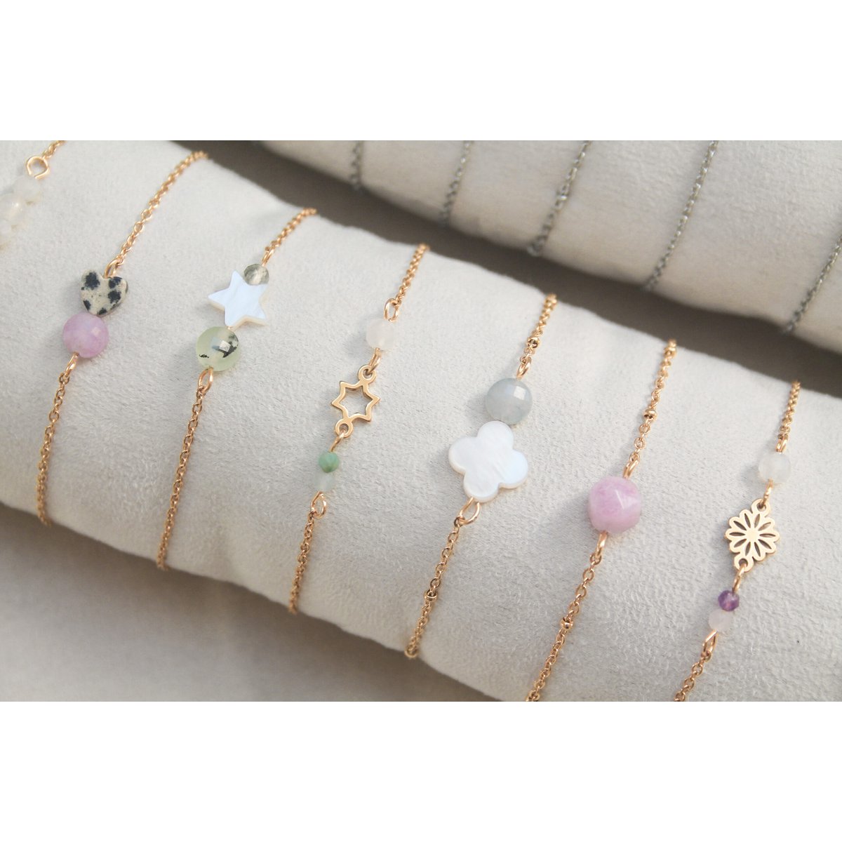 Armband mit Muschelklee & Aquamarin - Gold