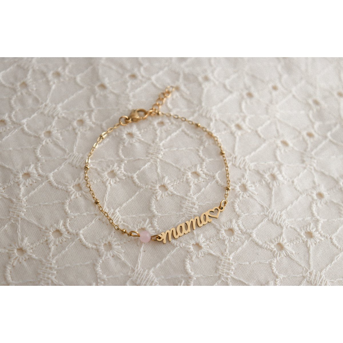 Mama & Rosenquarz-Armband – Gold