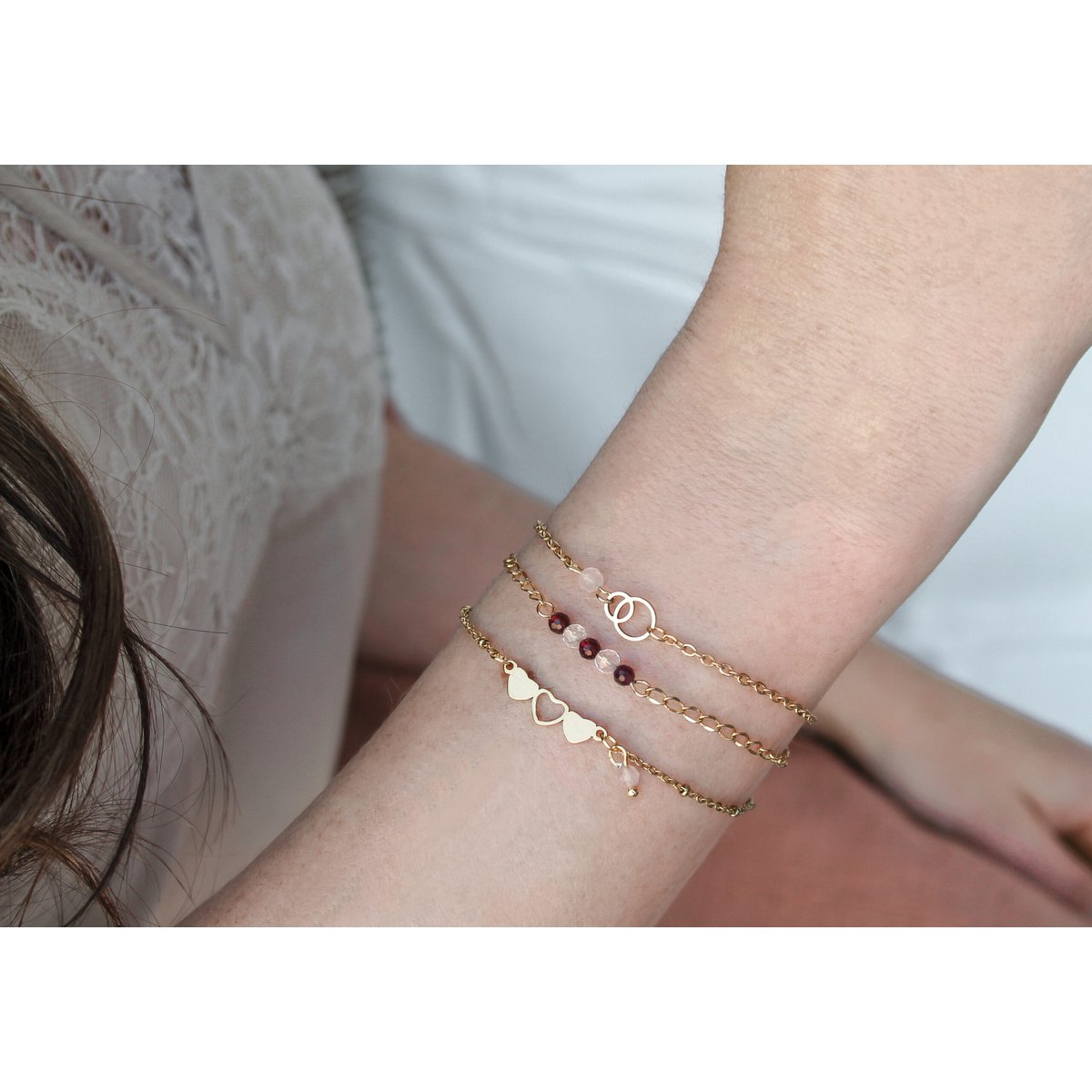 Armband mit Ringen & Rosenquarz - Gold