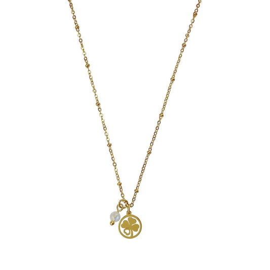 Halskette mit Kleeblatt & Mondstein - Gold