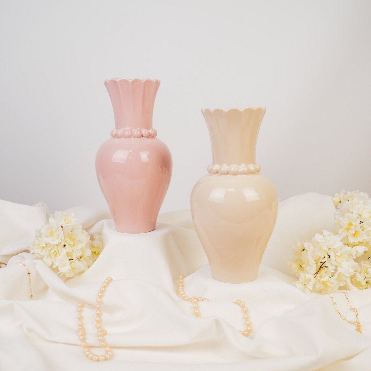 Vase - Perlenhals - Sand 12x12x24 cm