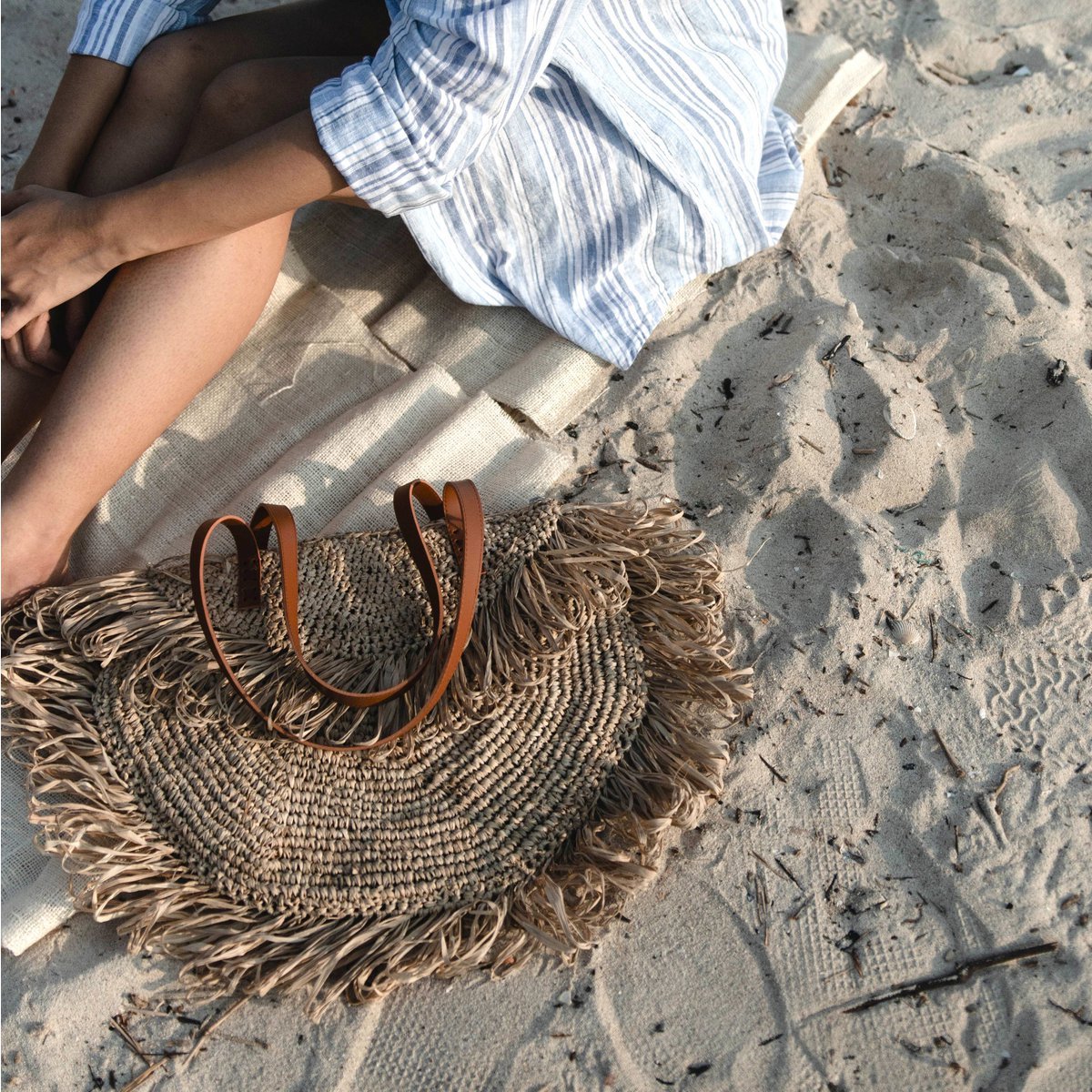 Umhängetasche mit Fransen Strandtasche | Einkaufstasche - Beige