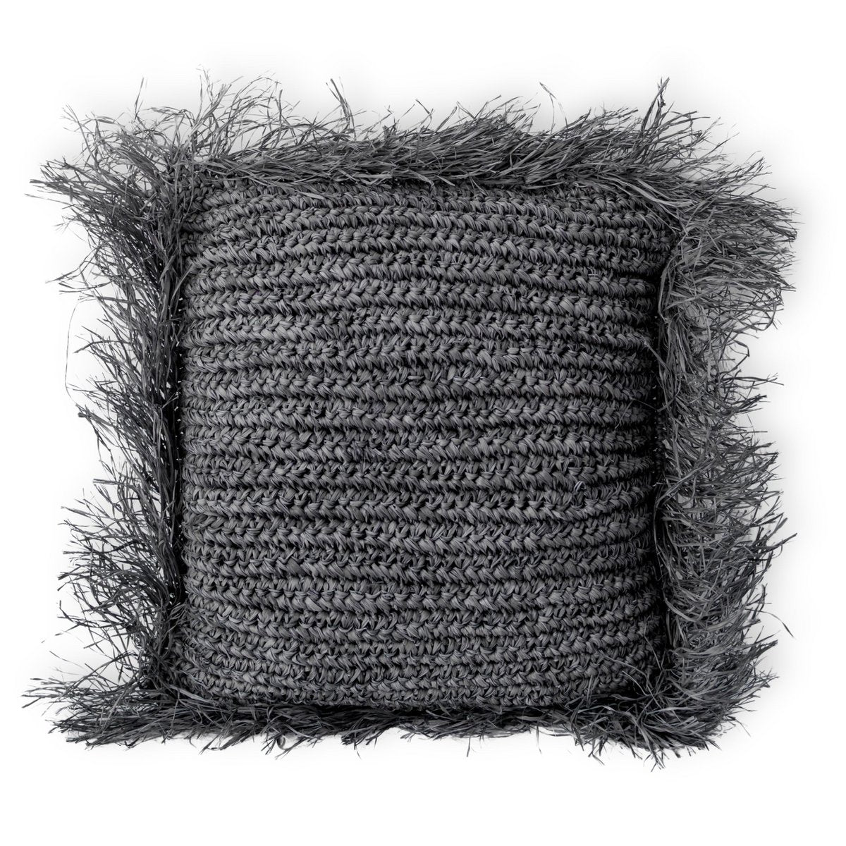 Schwarzes Raffia-Kissen mit Füllung, Fransen, GANDI aus Bast (2 Größen)
