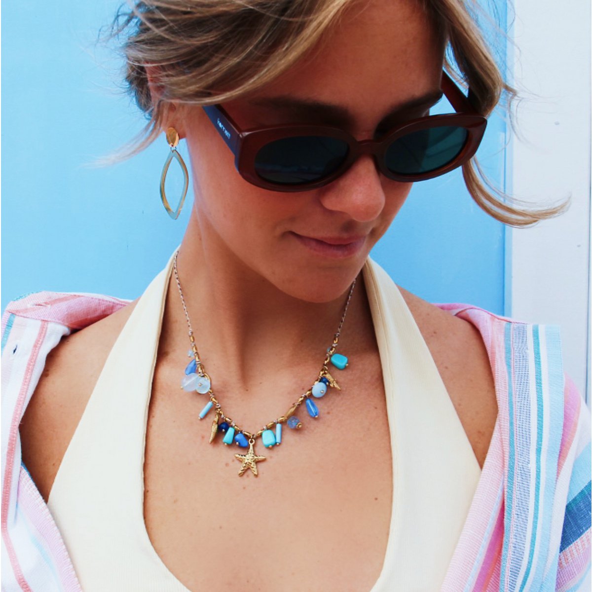 Halskette mit Muscheln und Edelsteinen - Minze/Blue