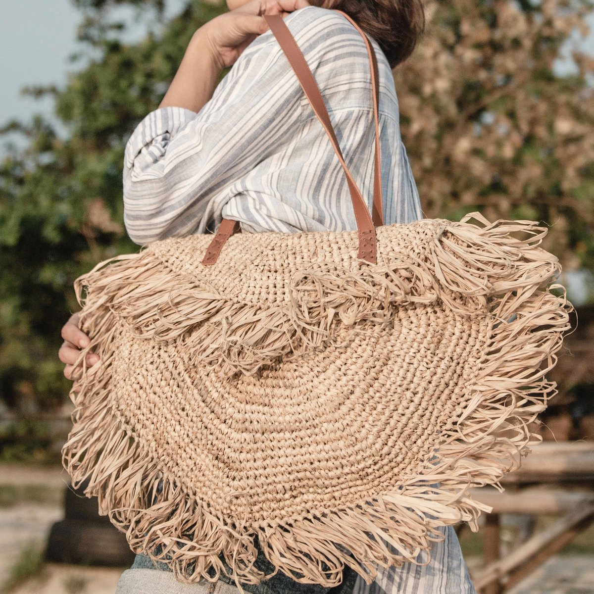 Umhängetasche mit Fransen Strandtasche | Einkaufstasche - Beige