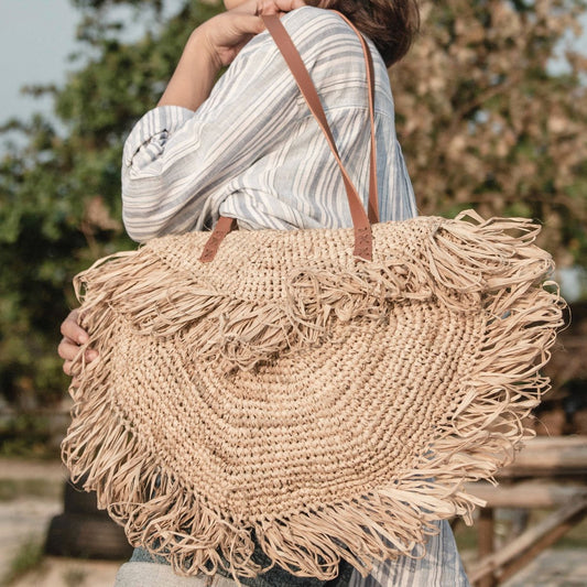 Umhängetasche mit Fransen Strandtasche | Einkaufstasche - Beige