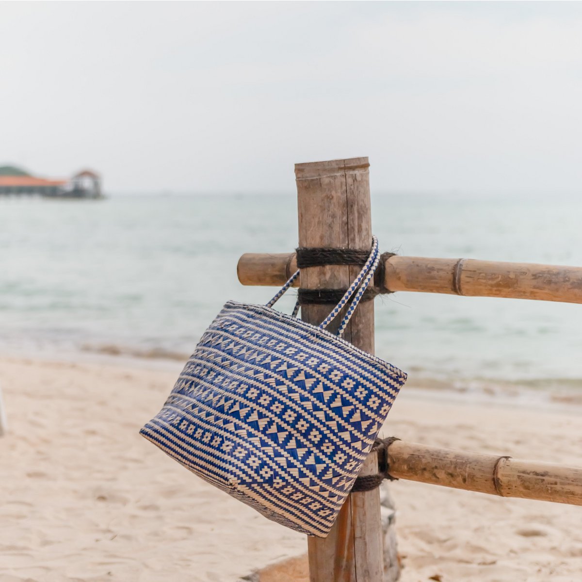 Einkaufstasche | Strandtasche | Tragetasche aus Rattan - Blau