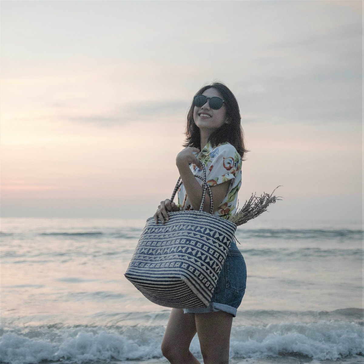 Einkaufstasche | Strandtasche | Tragetasche aus Rattan - Blau