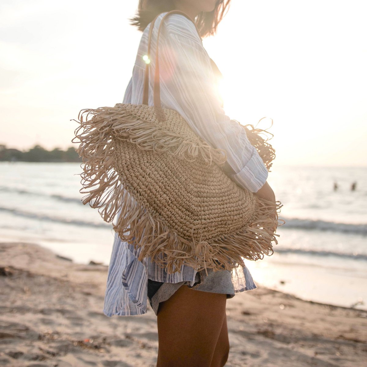 Umhängetasche mit Fransen Strandtasche | Einkaufstasche - Beige