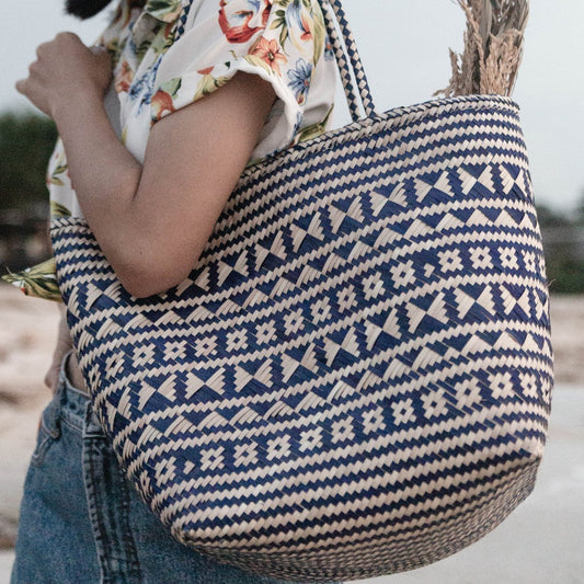 Einkaufstasche | Strandtasche | Tragetasche aus Rattan - Blau