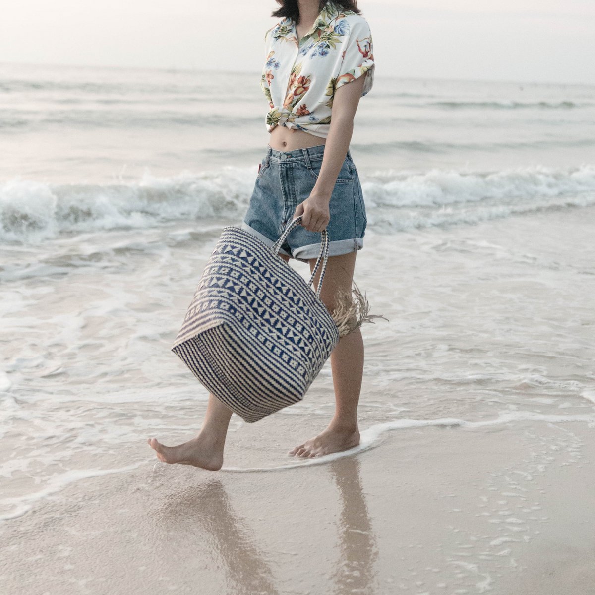 Einkaufstasche | Strandtasche | Tragetasche aus Rattan - Blau