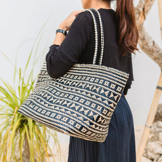 Einkaufstasche | Strandtasche | Tragetasche aus Rattan - Schwarz
