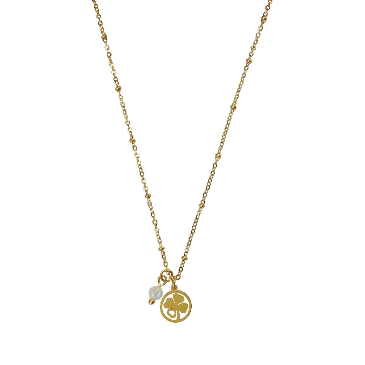 Halskette mit Kleeblatt & Mondstein - Gold