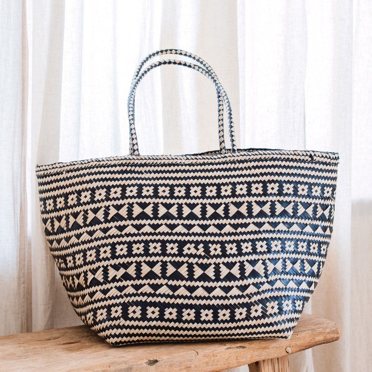 Einkaufstasche | Strandtasche | Tragetasche aus Rattan - Schwarz